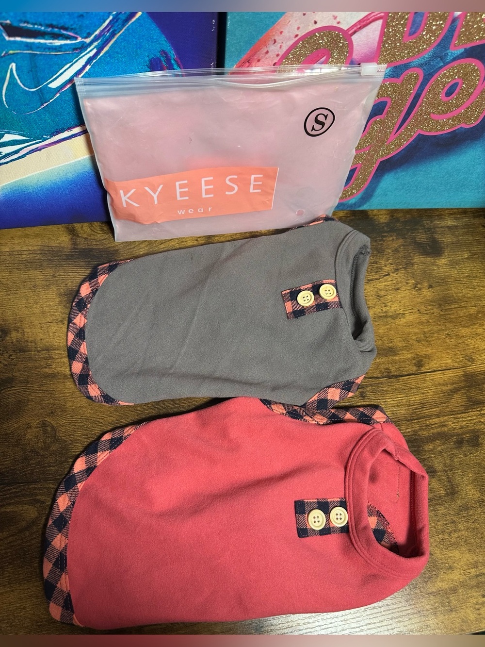 2pc KYEESE fleece dog sweaters featuring plaid trim and button details